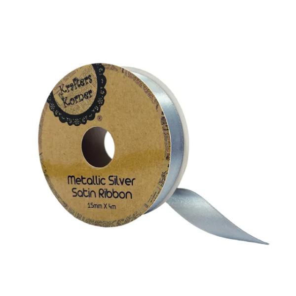 Metallic Silver Satin Ribbon - 1.5cm x 400cm