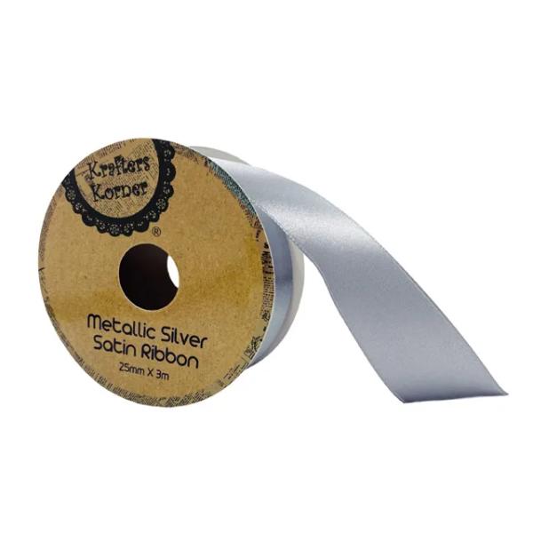 Metallic Silver Satin Ribbon - 2.5cm x 300cm