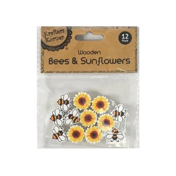 12 Pack Wooden Bee & Sunflower