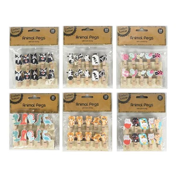 10 Pack Wooden Pegs With String Animals