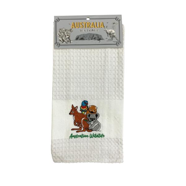 Australia Wildlife Waffle Kangaroo Koala Wombat Kookaburra Tea Towel