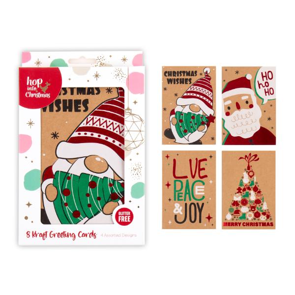8 Pack Christmas Kraft Foil Greeting Cards - 11.3cm x 16.5cm