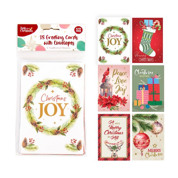18 Pack Christmas Traditional Greeting Cards - 10.7cm x 15.5cm