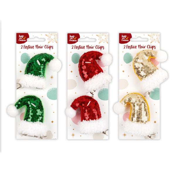 2 Pack Christmas Santa Hat Novelty Hair Clip - 6.5cm