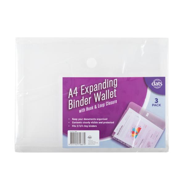 3 Pack A4 Document Expanding Binder Wallet With Clear Hook & Loop Closure