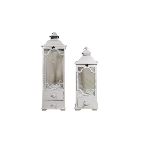 White Tall Wooden Lantern With Drawers - 31cm x 104cm