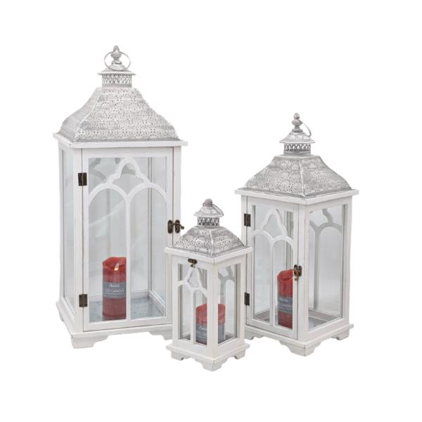 White Moroccan Metal And Wooden Lantern - 30.5cm x 30.5cm x 79cm