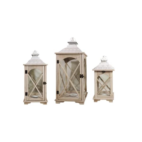 Natural Wooden Lantern With Metal Roof - 31cm x 75cm