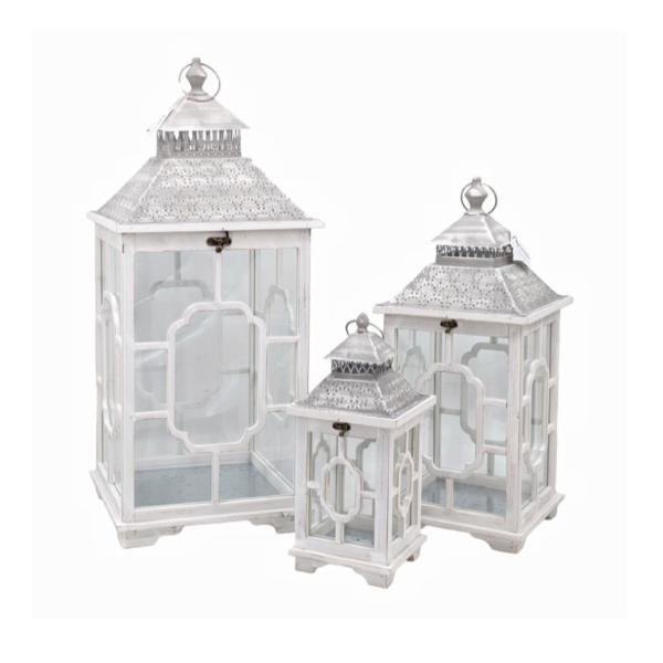White Wooden Lantern With Metal Roof - 33cm x 33cm x 76.5cm