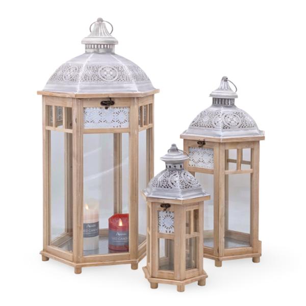 Natural Wooden Lantern With Metal Roof - 37cm x 32cm x 76cm