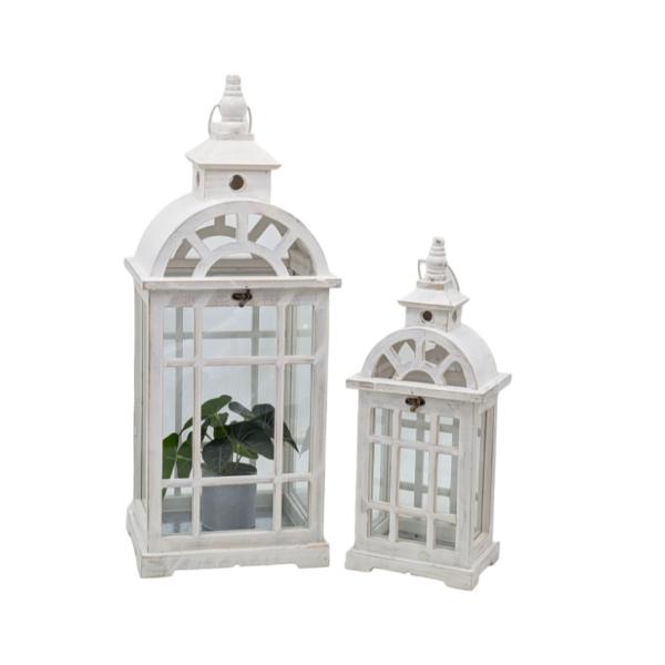 White Wooden Lantern With Metal Roof - 24.5cm x 21.5cm x 67.5cm