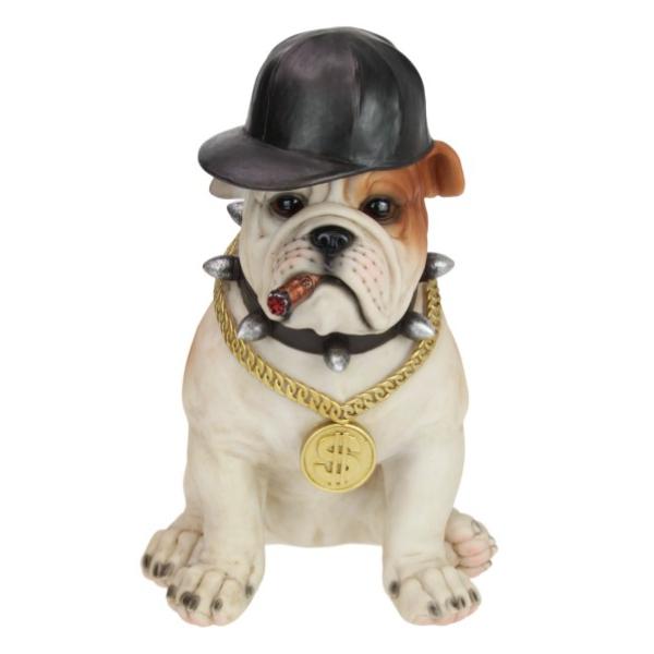 Gangster Sitting Bull Dog With Gold Chains - 35cm