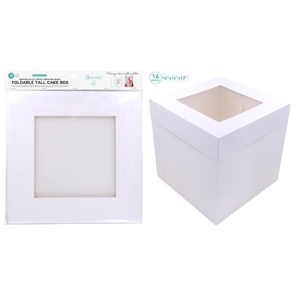 White Tall Foldable Cardboard Cake Box With Window - 40cm x 40cm x 35cm