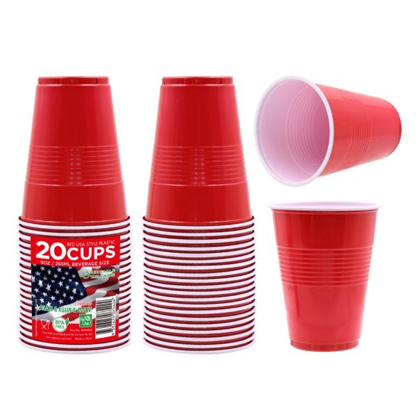 20 Pack Red USA Style Reusable Cups - 265ml