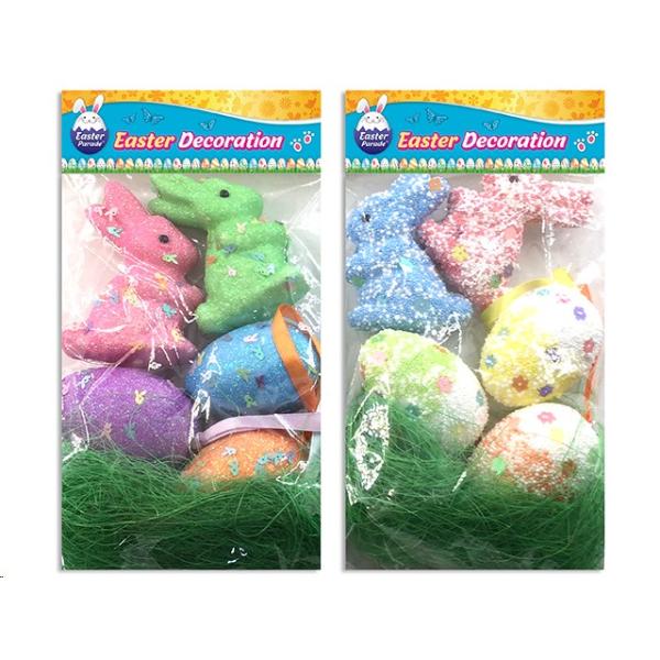 5 Pack Easter Foam Bunny Egg Decor With Raffia Grass