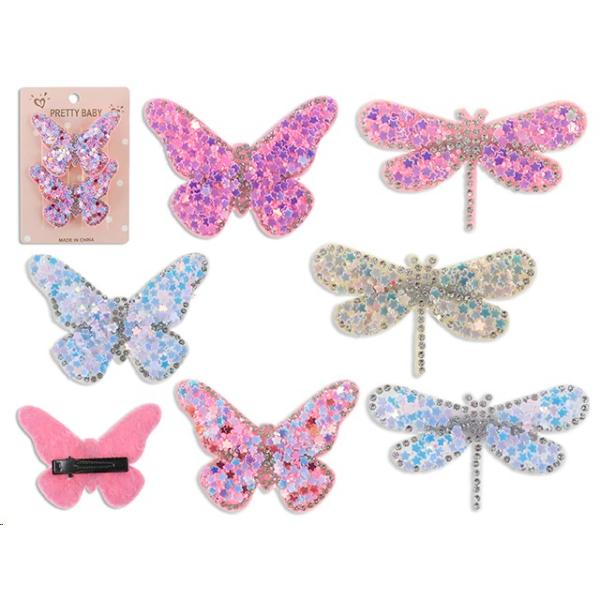 2 Pack Glitter Confetti Butterfly Or Dragonfly Hair Clips - 6cm