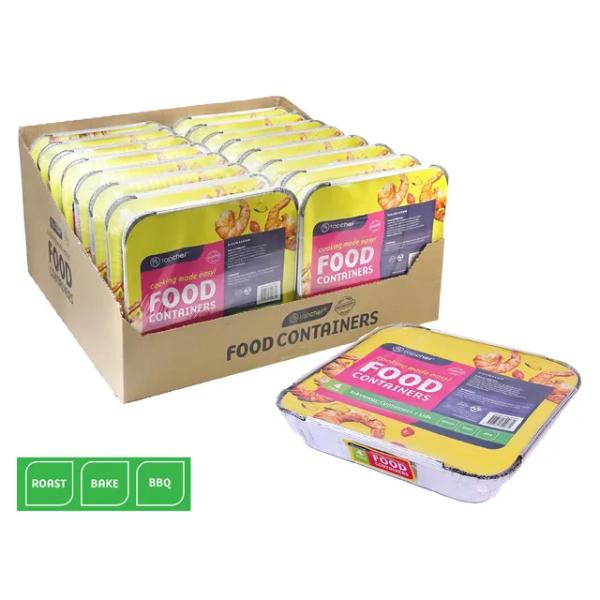 4 Pack Takeaway Foil Containers With Lids - 24.5cm x 24.5cm x 5.5cm