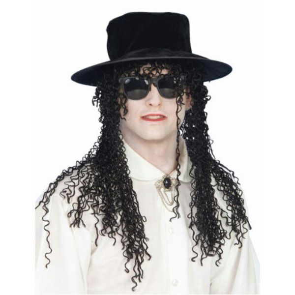 Mens 1980s Long Curly Wig With Hat