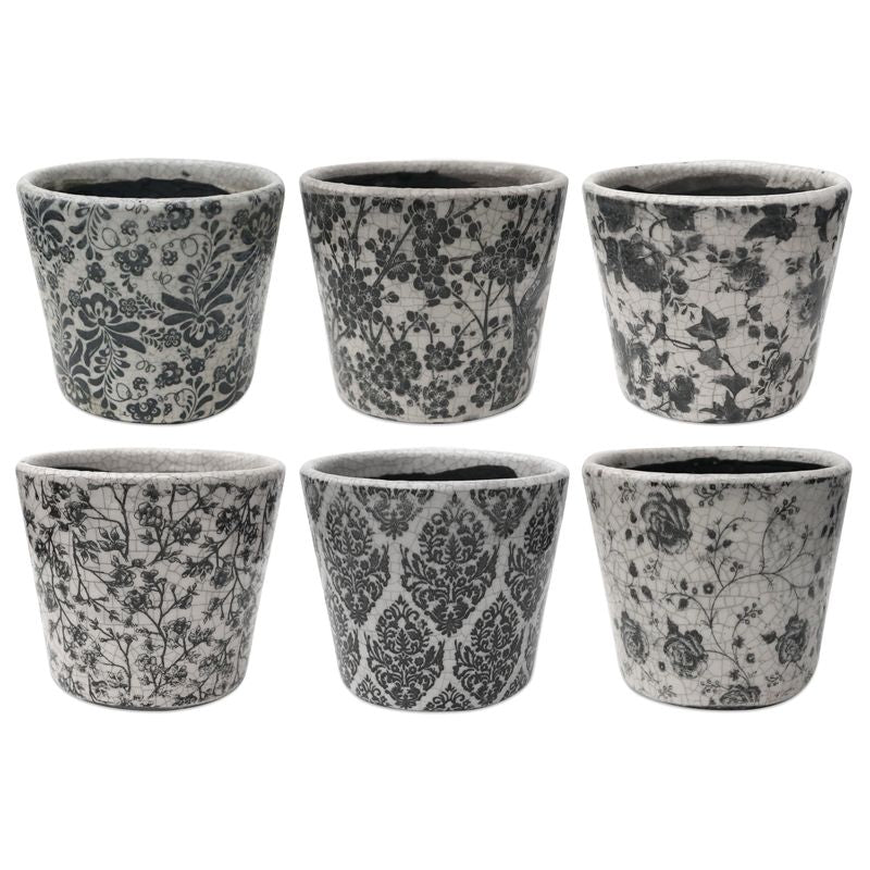 Vintage Black & White Floral Planter - 14cm x 12cm