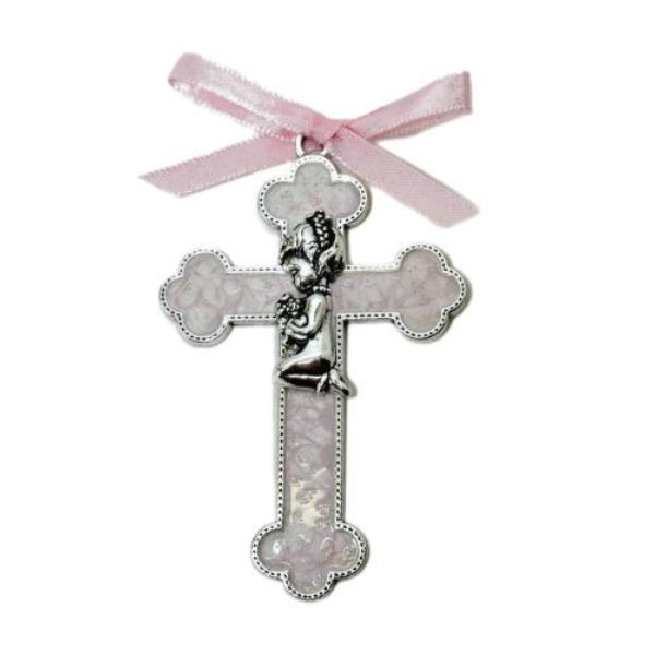 Pink Enamel Cross Baby With Ribbon