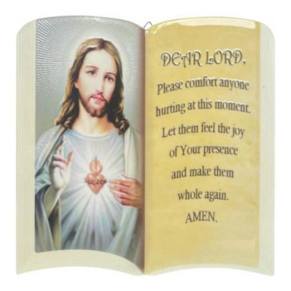 Open Book Shaped Religious Ceramic Standing Plaque With Image - 19cm x 20cm