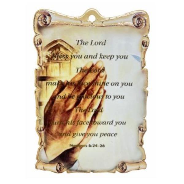 Rectangle Scroll Shaped Religious Ceramic Standing Plaque With Image of Praying Hands - 15cm x 22cm