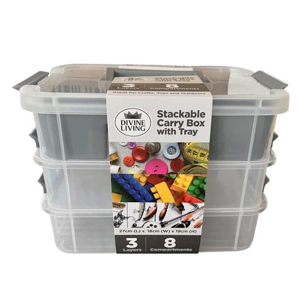 3 Lay Stack Carry Box With Tray - 18cm x 27.5cm x 19.5cm