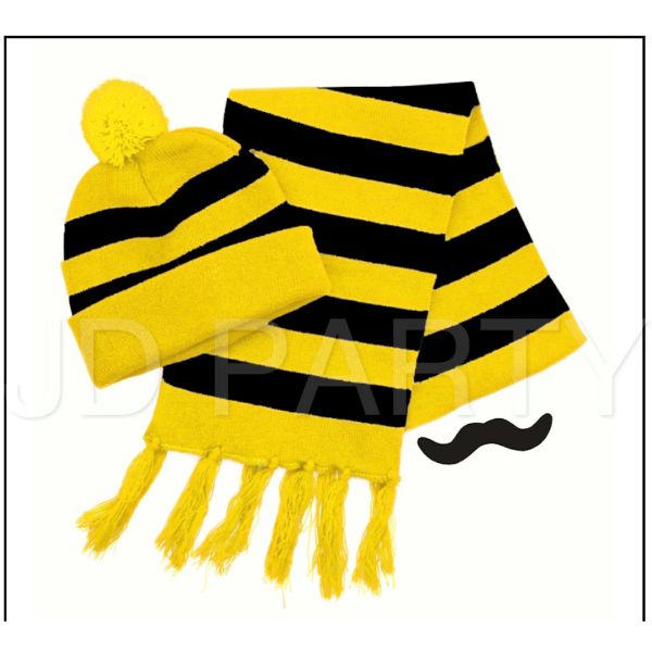 3 Pack Black & Yellow Stripe Beanie & Scarf & Moustache