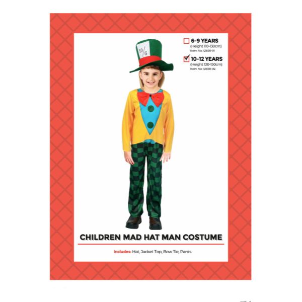 Children Mad Hat Man Costume - 10 - 12 Years
