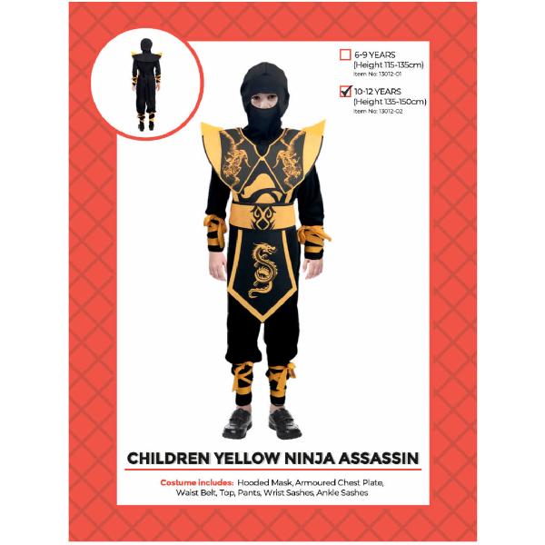 Children Yellow Ninja Assassin Costume - 10 - 12