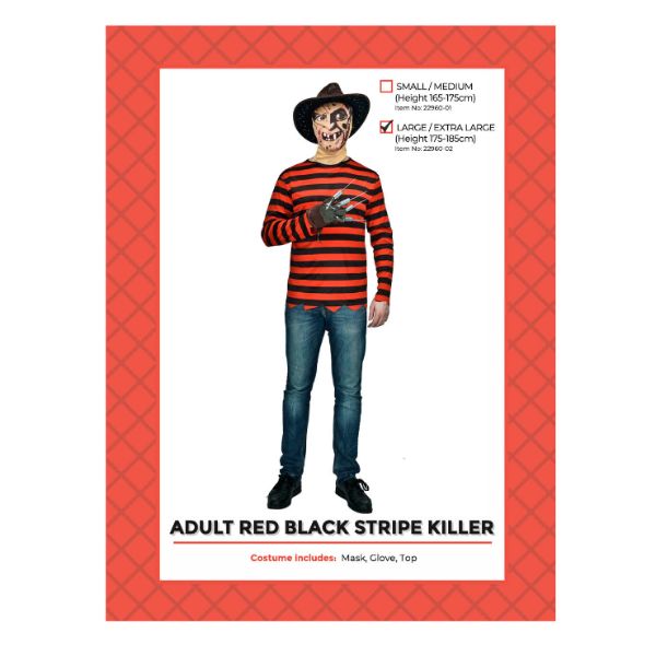 Adult Red Black Stripe Killer Man Costume - Large - X Large
