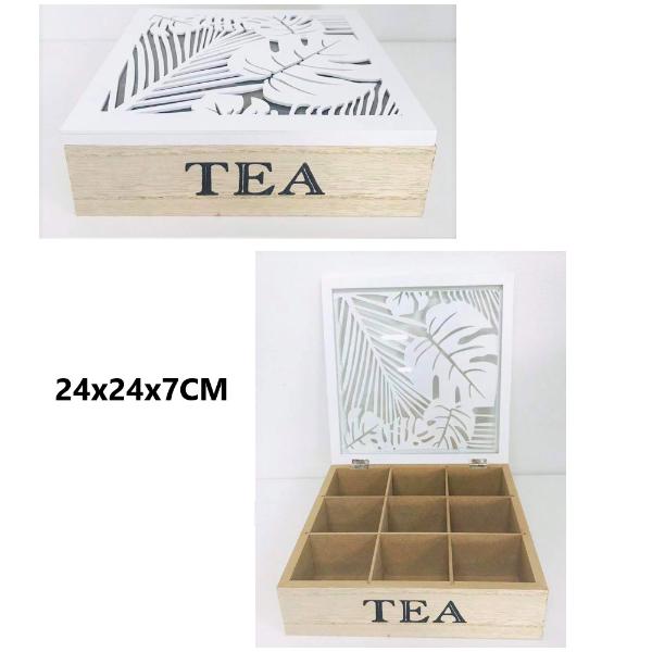 White Wooden 9 Section Tea Box - 24cm x 24cm x 7cm
