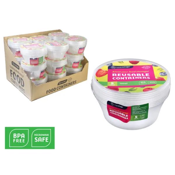 5 Pack Round Food Container - 700ml