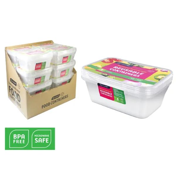 4 Pack Rectangle Food Container - 1500ml