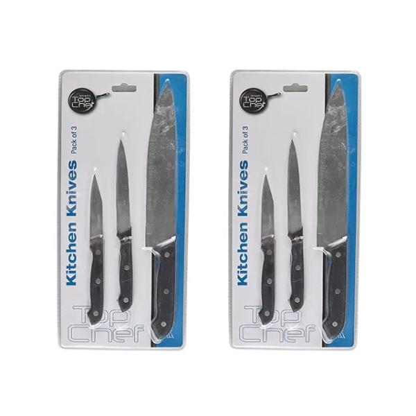 3 Pack Assorted Kitchen Knives With Black Handle