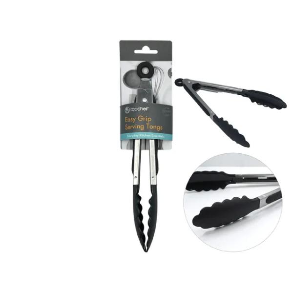 Stainless Steel Black Silicone Serving Tongs - 23cm x 3.5cm