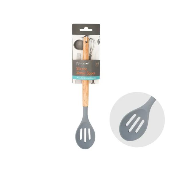 Grey Slotted Spoon With Wooden Handle - 30.8cm x 5cm