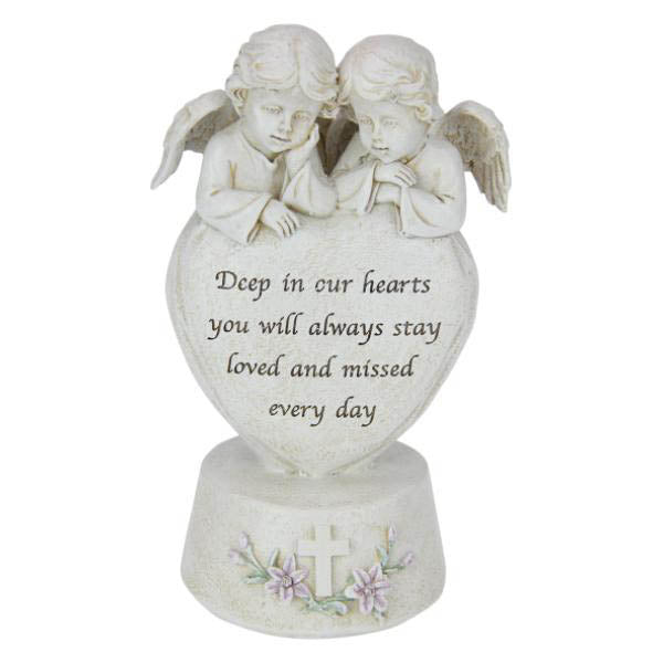 Twin Cherubs On Memorial Heart - 20cm