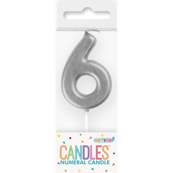 Mini Silver Numeral 6 Pick Candle - 8cm