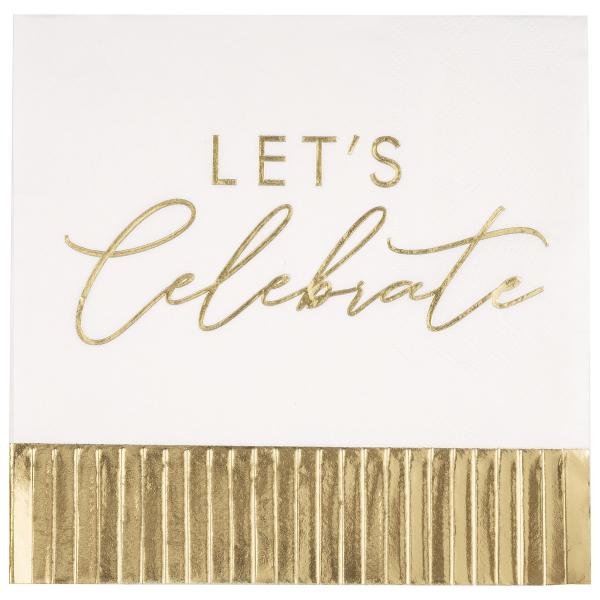 16 Pack Gold Lets Celebrate Fringe Foil Stamped Napkins - 33cm x 33cm