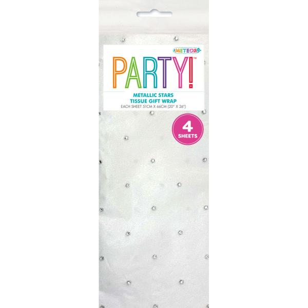 4 Metallic White With Silver Stars Tissue Sheets