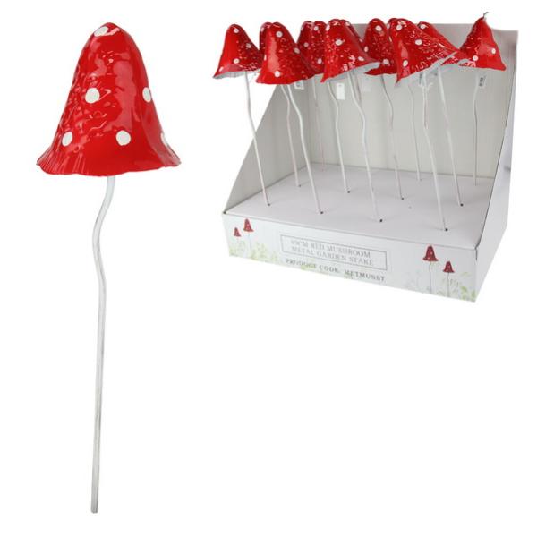 Red Metal Mushroom Garden Stake - 49cm