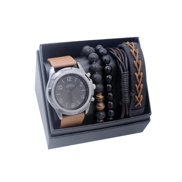 Black Brown Mens Republic Watch Set With 4 Bracelets