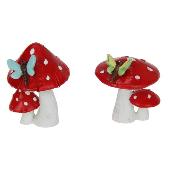Red Twin Mushrooms With Dragonfly - 8cm