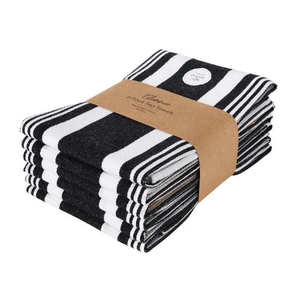 6 Pack Black Eleanor Tea Towel - 50cm x 70cm
