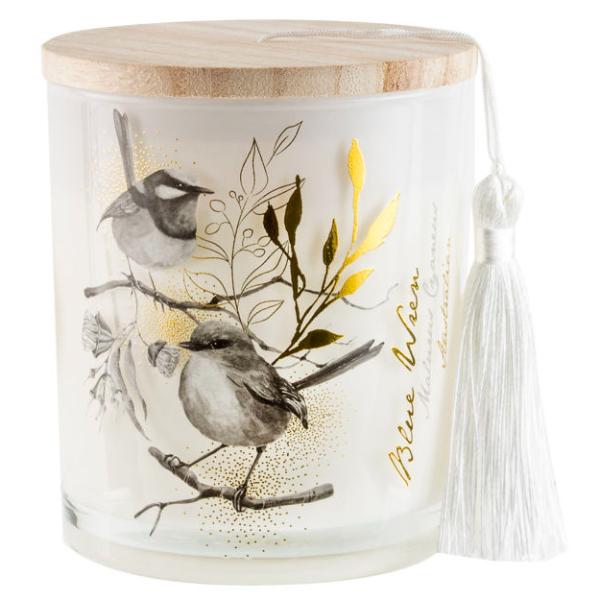 AUSTRALIANA BLUE WREN CANDLE W/WOOD LID AND TASSEL