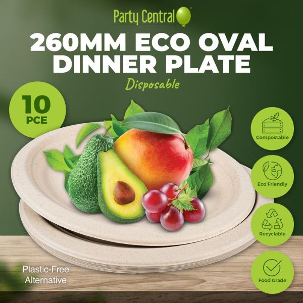 10 Pack Eco Friendly Oval Wheat Straw Dinner Plates - 26cm x 19.5cm
