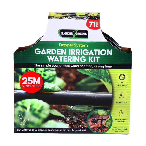 Micro Irrigation System Kit 70pc Black Includes: 23m Vinyl Pipe, Tap Adaptor, Drippers, Flow Valve, Connectors, Support Clips, Stakes & Clamps