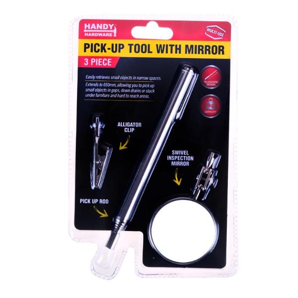 3 Pack Silver Pick Up Tool With Mirror Extends - 65cm