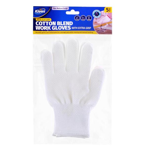 5 Pack White Cleaning Cotton Blend With Dotted Grip Gloves - Medium - Large